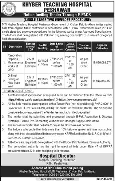 Khyber Teaching Hospital Peshawar Tender Notice